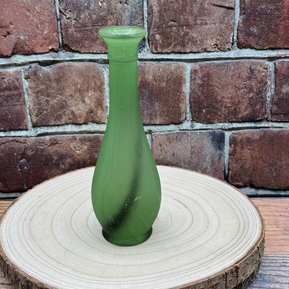 Vtg MCM Hazel Atlas Glass Bud Vase Frosted 7.5" Green W Black Swirls 8-K-252 - Picture 3 of 5